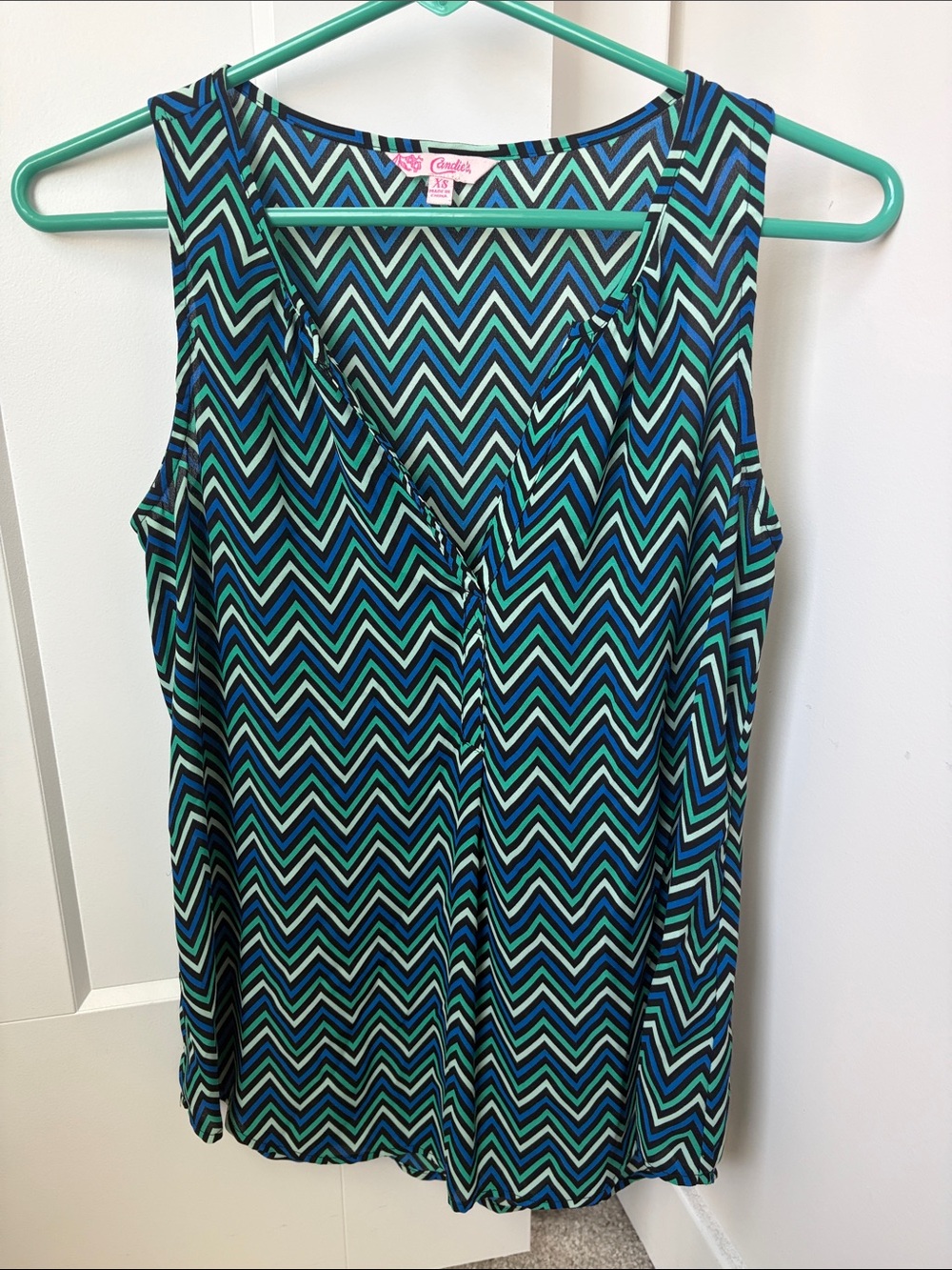 Candie’s Sheer, Sleeveless, Chevron V-Neck Tank in Teal, Navy & Black